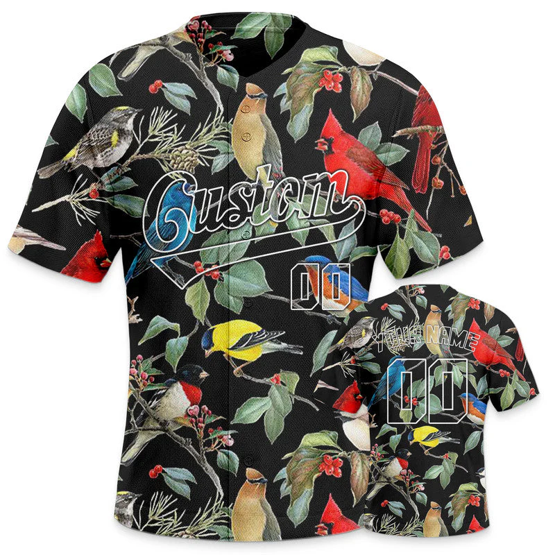 Custom Black Red-White 3D Pattern Design Bird And Peacock Authentic Baseball Jersey